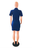 Deep Blue Fashion Casual Solid Buckle Turndown Collar Denim Dress