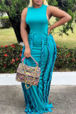 Green Sexy Solid Tassel Patchwork O Neck Straight Dresses