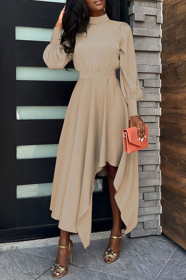 Khaki Casual Solid Patchwork Asymmetrical Half A Turtleneck A Line Dresses