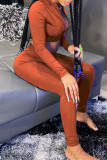 Deep Red Casual Sportswear Solid Patchwork Zipper Long Sleeve Two Pieces