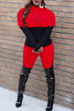 Red Casual Solid Patchwork Buckle Turndown Collar Long Sleeve Two Pieces