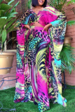 Rose Red Street Print Patchwork V Neck Long Sleeve Two Pieces