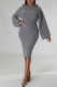 Grey Sexy Solid Patchwork Hooded Collar One Step Skirt Dresses