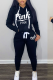 Black Street Print Patchwork Hooded Collar Long Sleeve Two Pieces