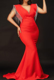 Tangerine Red Sexy Solid Tassel Patchwork V Neck Evening Dress Dresses