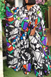 Black White Street Print Patchwork V Neck Long Sleeve Two Pieces