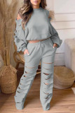 Grey Casual Street Solid Hollowed Out Patchwork O Neck Long Sleeve Two Pieces