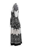 Black And White Street Print Patchwork Turndown Collar Waist Skirt Dresses