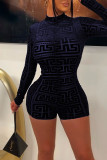 Blue Black Sexy Print Patchwork See-through Zipper Collar Skinny Rompers