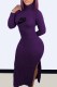 Dark Purple Sexy Print Slit Letter Turtleneck One Step Skirt Dresses