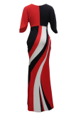 Red Street Patchwork Flounce V Neck Pencil Skirt Dresses
