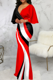 Red Street Patchwork Flounce V Neck Pencil Skirt Dresses