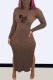 Brown Sexy Print Slit Letter Turtleneck One Step Skirt Dresses
