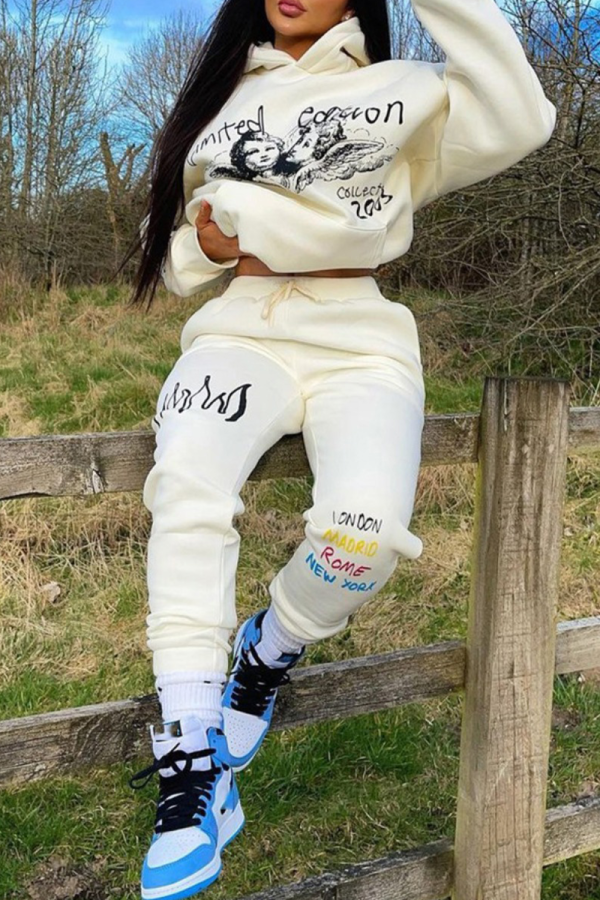 Cream White Casual Print Patchwork Hooded Collar Long Sleeve Two Pieces