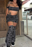 Grey Black Sexy Solid Ripped Off the Shoulder Short Sleeve Three Pieces