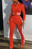 Red Casual Solid Patchwork Zipper Long Sleeve Two Pieces