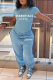 Sky Blue Casual Print Patchwork O Neck Short Sleeve Two Pieces
