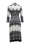 Black And White Street Print Patchwork Turndown Collar Waist Skirt Dresses