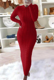 Watermelon Red Fashion Casual Solid Basic O Neck Long Sleeve Dresses
