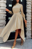 Red Casual Solid Patchwork Asymmetrical Half A Turtleneck A Line Dresses