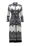 Black And White Street Print Patchwork Turndown Collar Waist Skirt Dresses