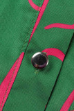 Green Fashion Casual Print Patchwork Buckle Turndown Collar Tops