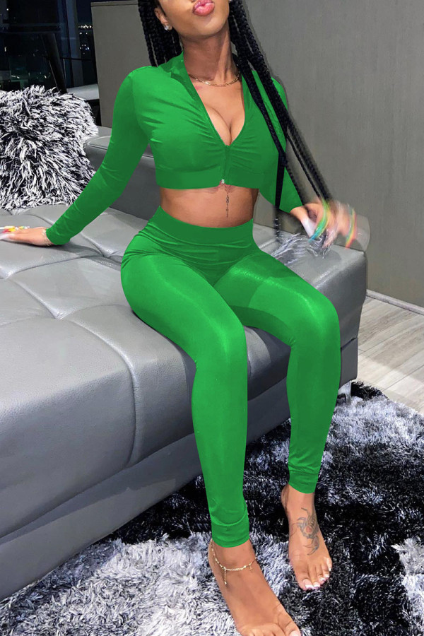 Green Casual Sportswear Solid Patchwork Zipper Long Sleeve Two Pieces
