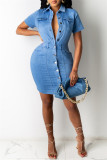 Deep Blue Fashion Casual Solid Buckle Turndown Collar Denim Dress