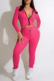 Rose Red Casual Sportswear Solid Patchwork Hooded Collar Long Sleeve Two Pieces