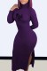 Dark Purple Sexy Print Slit Letter Turtleneck One Step Skirt Dresses