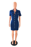 Deep Blue Fashion Casual Solid Buckle Turndown Collar Denim Dress