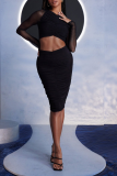 White Sexy Solid Mesh O Neck Long Sleeve Two Pieces