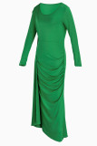 Green Casual Solid Patchwork Fold Asymmetrical O Neck Straight Dresses