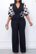 Black Casual Print Polka Dot Patchwork V Neck Straight Jumpsuits