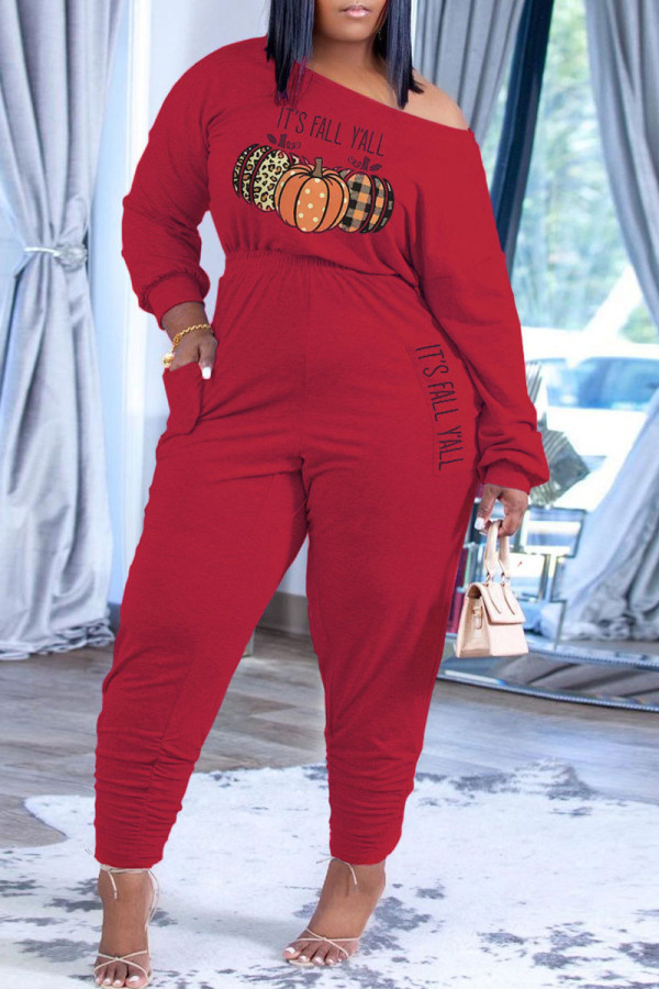 Burgundy Casual Print Patchwork O Neck Straight Jumpsuits