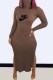 Brown Sexy Print Slit Letter Turtleneck One Step Skirt Dresses
