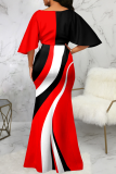 Red Street Patchwork Flounce V Neck Pencil Skirt Dresses