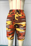 Camouflage Pink Yellow Camouflage Denim Zipper Fly Mid Hole washing pencil Capris Bottoms