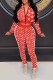 Tangerine Red Elegant Print Patchwork Zipper Collar Long Sleeve Two Pieces