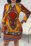 Rose Red Bohemian Print Patchwork O Neck Straight Dresses
