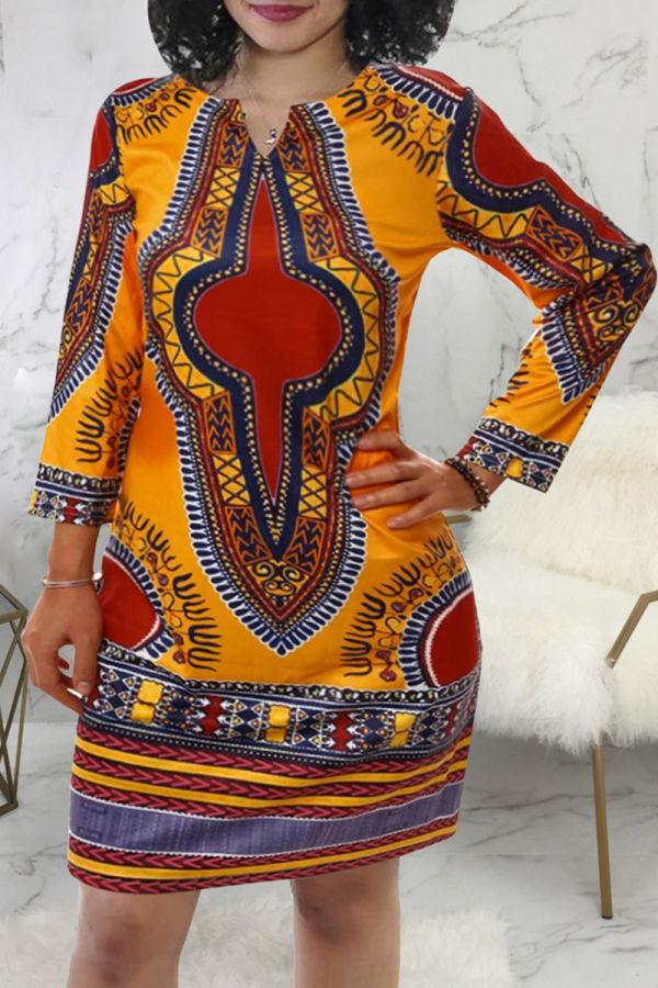 Yellow Bohemian Print Patchwork O Neck Straight Dresses