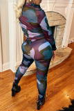 Red Street Print Patchwork Turndown Collar Long Sleeve Two Pieces