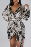 Black Sexy Print Bandage Patchwork Asymmetrical V Neck One Step Skirt Dresses
