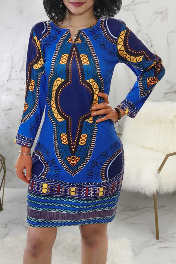 Blue Bohemian Print Patchwork O Neck Straight Dresses
