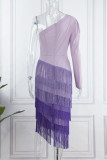 Purple Elegant Solid Tassel Patchwork Oblique Collar Evening Dress Dresses