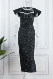 Black Elegant Solid Sequins Patchwork O Neck Evening Dress Dresses