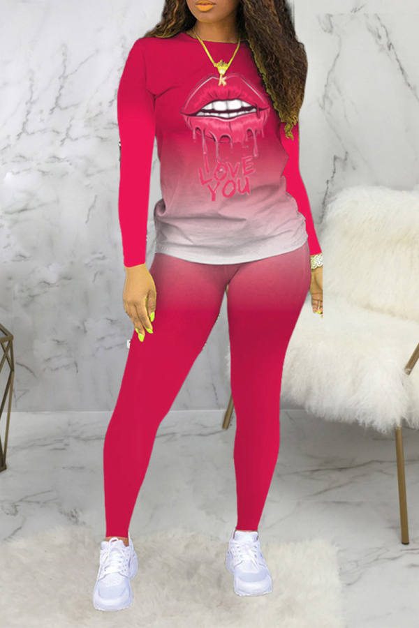 Rose Red Casual Gradual Change Lips Printed Patchwork O Neck Long Sleeve Two Pieces