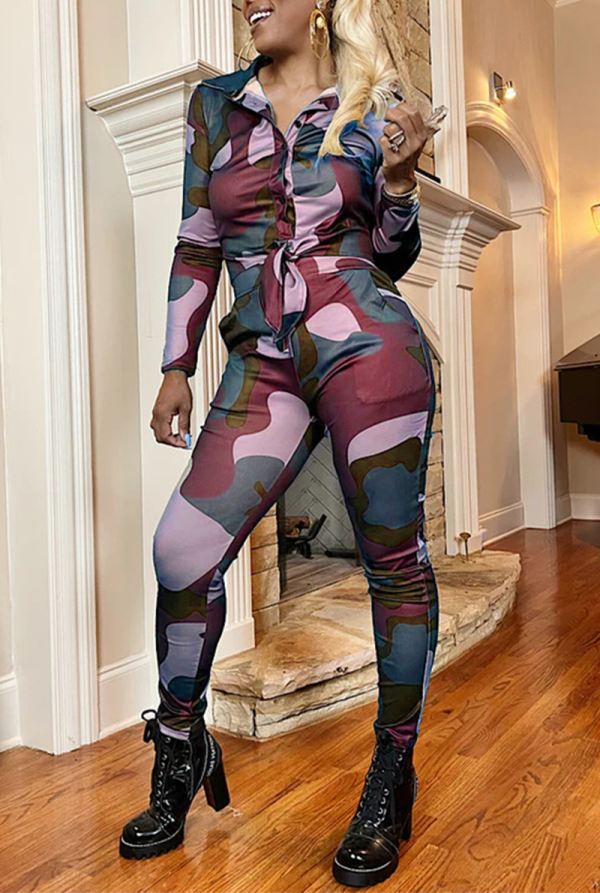 Red Street Print Patchwork Turndown Collar Long Sleeve Two Pieces