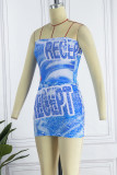 Blue Sexy Print Patchwork Strapless Sleeveless Two Pieces