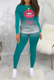 Red Casual Gradual Change Lips Printed Patchwork O Neck Long Sleeve Two Pieces